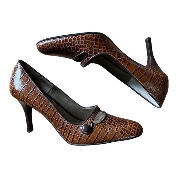 Franco Sarto Brown Crocodile Leather Pumps 6.5 M Pointed Toe Mary Jane Heels - Picture 1 of 13